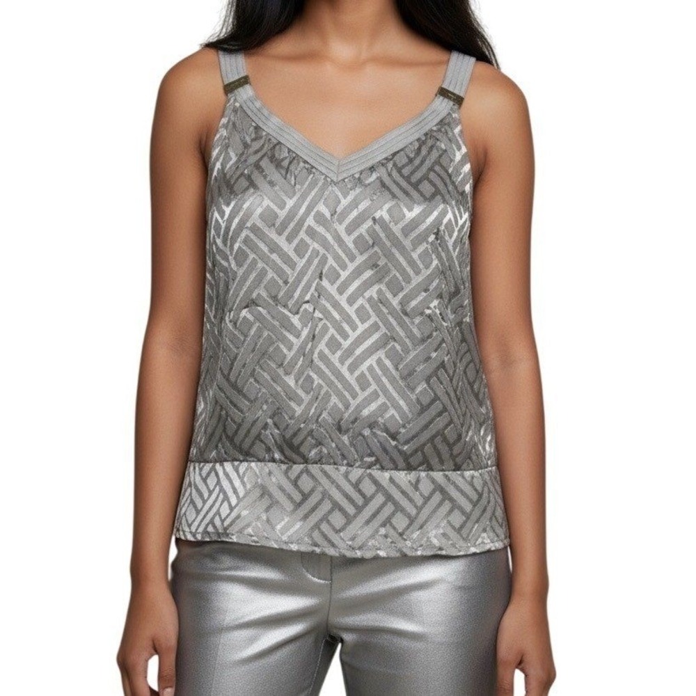 WHITE HOUSE BLACK MARKET Silver Gray Metallic Geometric Burnout Tank Top‎ EUC XS